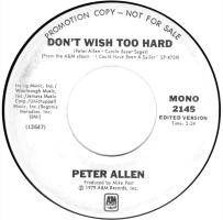 Peter Allen: Don't Wish Too Hard U.S. promotional 7-inch