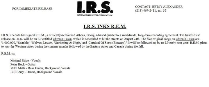 I.R.S. Records press release on signing R.E.M. 
