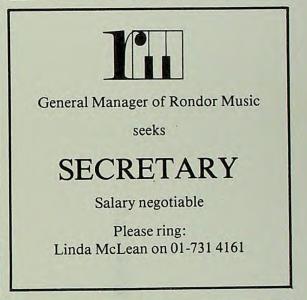 Rondor Music International secretary want ad Britain